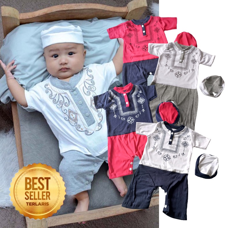 Baju Koko Bayi Laki laki 0 6 Bulan Newborn Setelan Peci Jumpsuit Sarkoci Aqiqah KA129