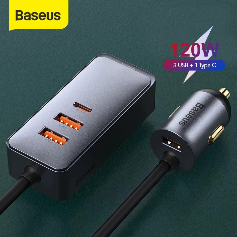 BASEUS Car Charger Adaptor Mobil 4 Port Output 3 USB + Type C Fast Charging 120W Xiaomi Oppo Vivo