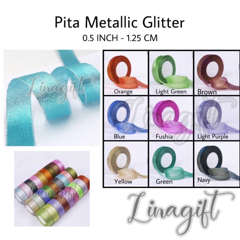 ( Rol 20 Yard ) PITA METALLIC GLITTER 1/2 INCH / 1.2 CM / 0.5 IN - PITA METALIK GLITER HIASAN KADO / PARCEL / HAMPERS