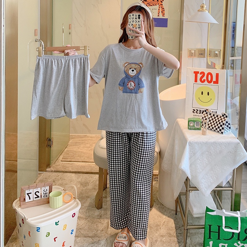 AJW Shop Piyama 3in1 | Piyama Import Dewasa | Setelan Wanita Kekinian | Baju Tidur Wanita Dewasa-BearJacket Grey