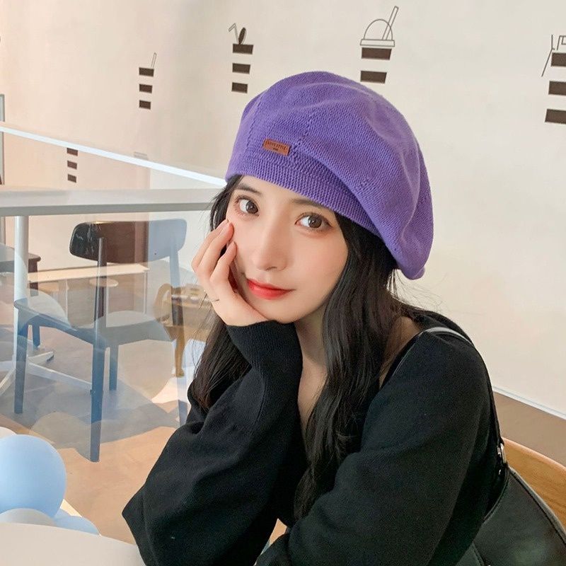 Topi Baret Rajut Bahan Kulit Aksen Label Tulisan Gaya Korea Untuk Wanita