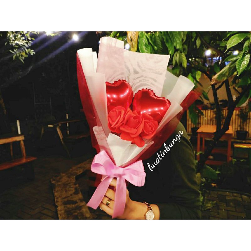 Buket Bunga Balon Foil Cantik Flowers Bouquet Birthday Anniversary Graduation Boneka Snack Gift