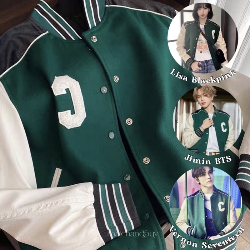 [ready stock] lisa baseball jacket | atasan jaket gaya korea warna pink green hijau list bahan lengan kulit leather