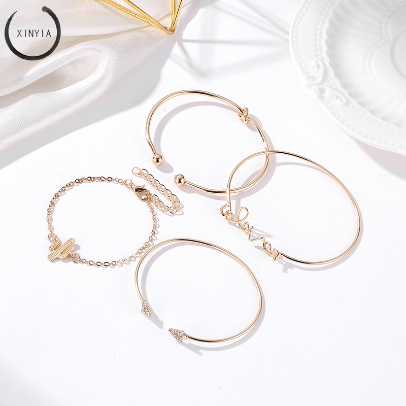 4Pcs/Set Women Gilr Gold Triangle Knot Love Cactus Opening Bangle Chain Bracelet