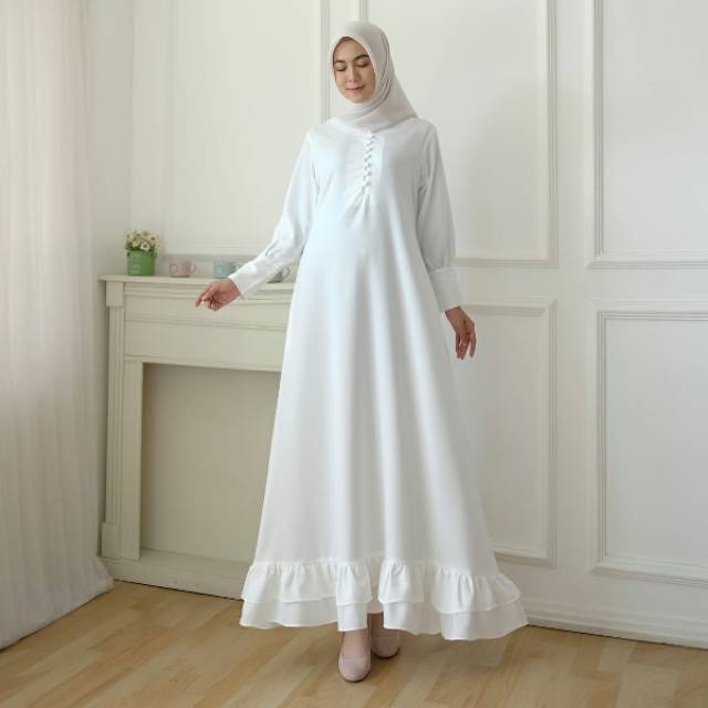 DRESS WHITE MAIDA CUFF FIT TO L GAMIS MUSLIM WANITA DEWASA ORIGINAL REALPICT