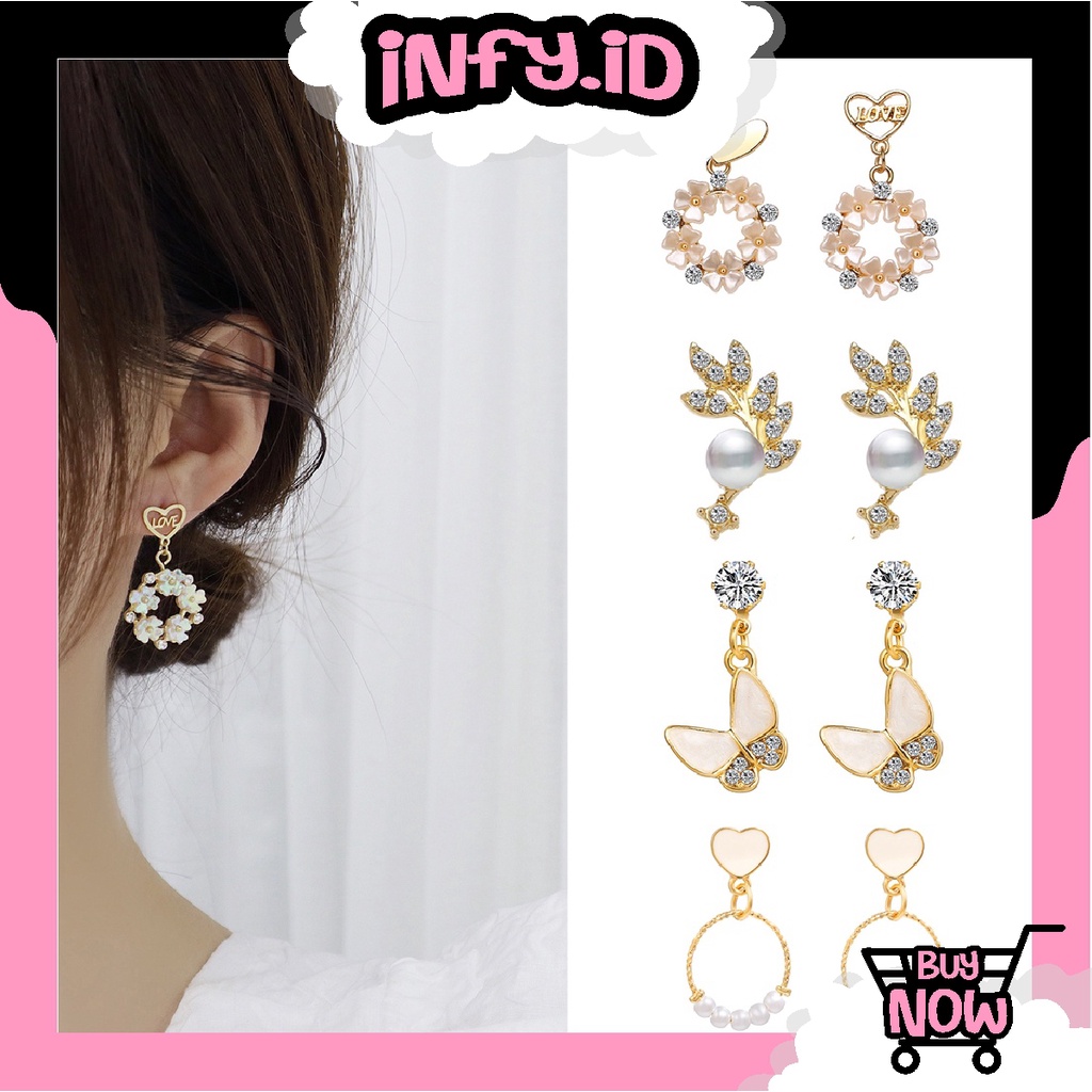 INFY - A059 Anting Tusuk 17KM Gantung Temperament Desain Hati + Pita + Mutiara Gaya Korea / Elegan 17km Untuk Wanita