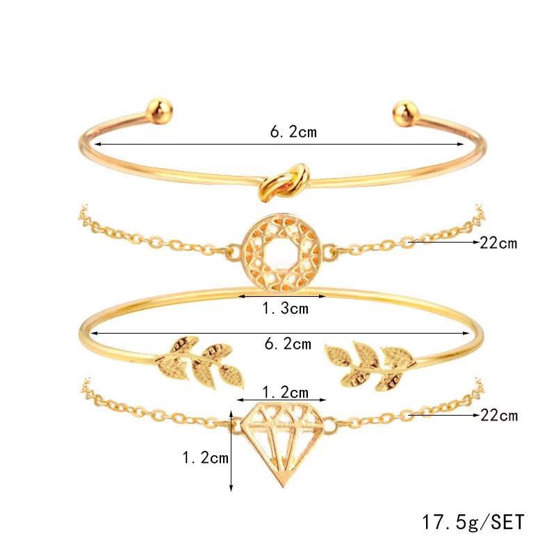 4Pcs / Set Gelang Wanita Model Vintage Simple Elegan Motif Daun Berlian Hollow / Gelang Tangan