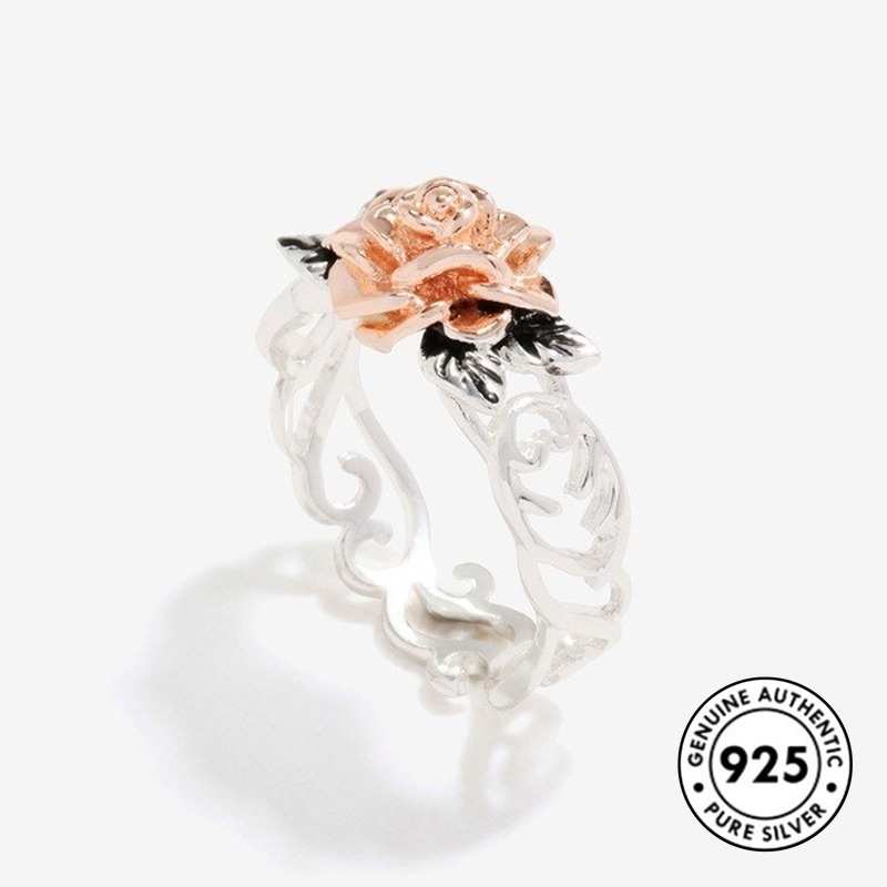 Cincin Silver Plated S925 Bentuk Bunga Warna Rose Gold Gaya Vintage