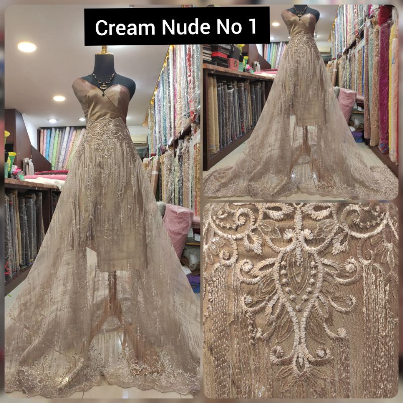 Kain Tile Brokat Salur Sequin Waterfall Cream Nude No 1