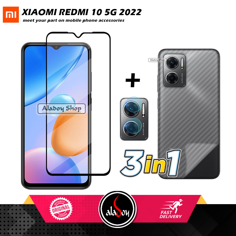 PROMO 3 IN 1 PAKET Tempered Glass XIAOMI REDMI 10 5G 2022 Free Tempered Glass Camera dan Skin Carbon