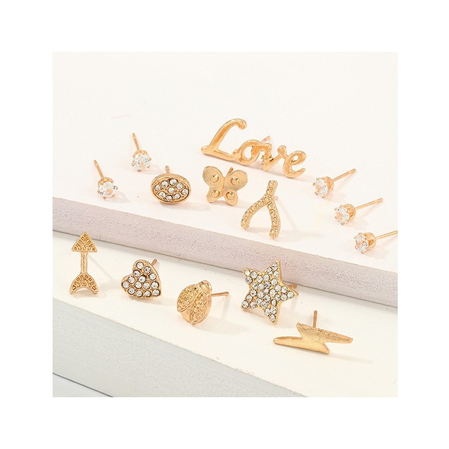 LRC Anting tusuk Fashion Golden Love Pendant Earrings With Diamonds D76927