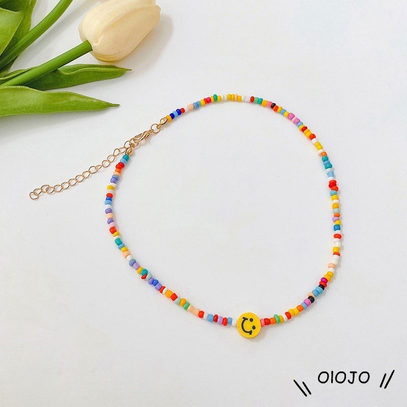 Fashion Smile Retro Bohemian Pendek Berwarna-warni Manik-manik Beras Populer Kalung Wanita Aksesoris - ol