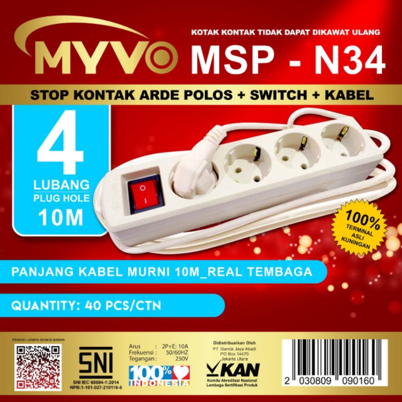 Stopkontak Arde 4 lubang+Saklar+Kabel 10meter