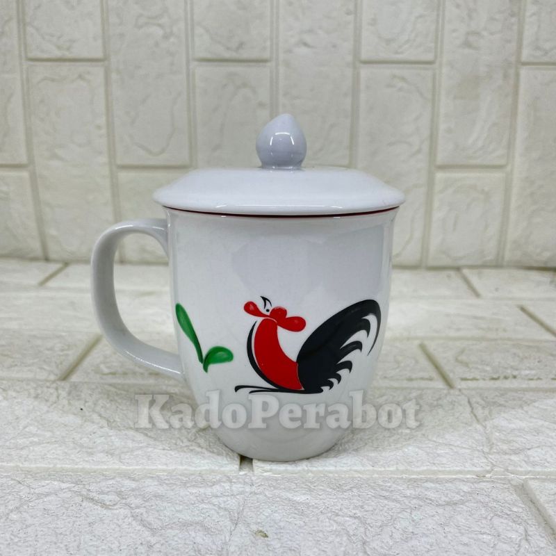 Cangkir Ayam Free Tutup - Mug Ayam Keramik - Gelas Gagang Motif Ayam