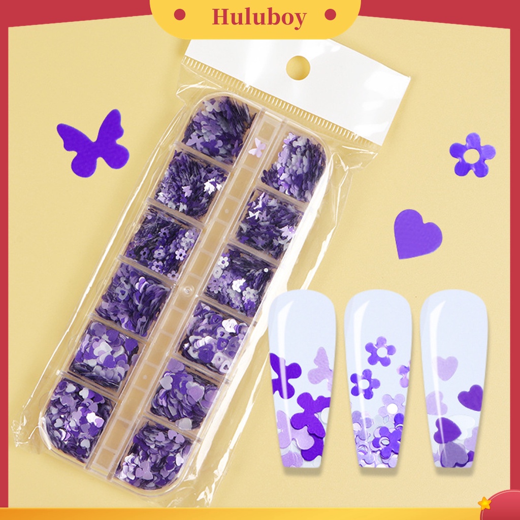 Huluboy Huluboy♡ 12 Grids Glitter Portable Warna Ungu Plum Blossom Untuk Dekorasi Kuku Jari Wanita