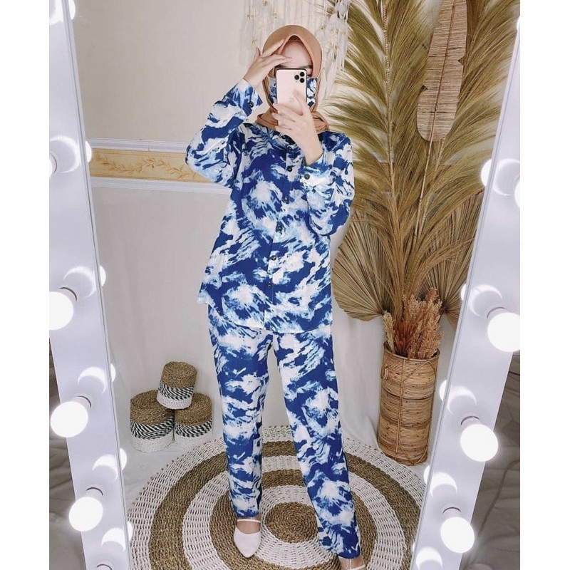 Galaxy Longsleeve Set - Baju Tidur Tie Dye Set / Daily Set / Piyama Kemeja Set PP Fit XL-PYM PP KIKY BIRUNAVY