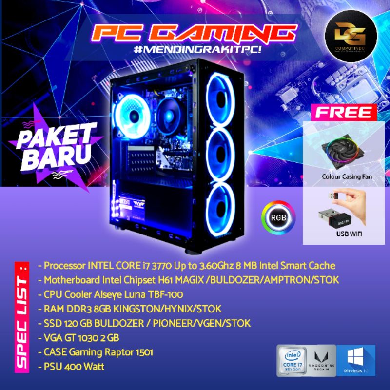 komputer pc gaming rakitan core core i7 3770 computer cpu vga gt 1030 2gb ram 8gb e45