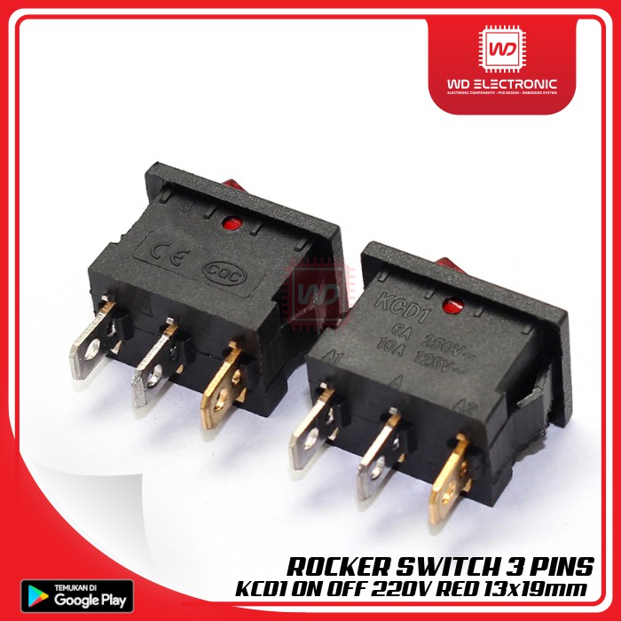 ROCKER SWITCH 3 PIN KCD1 SAKLAR ON OFF MERAH 220V 13x95MM