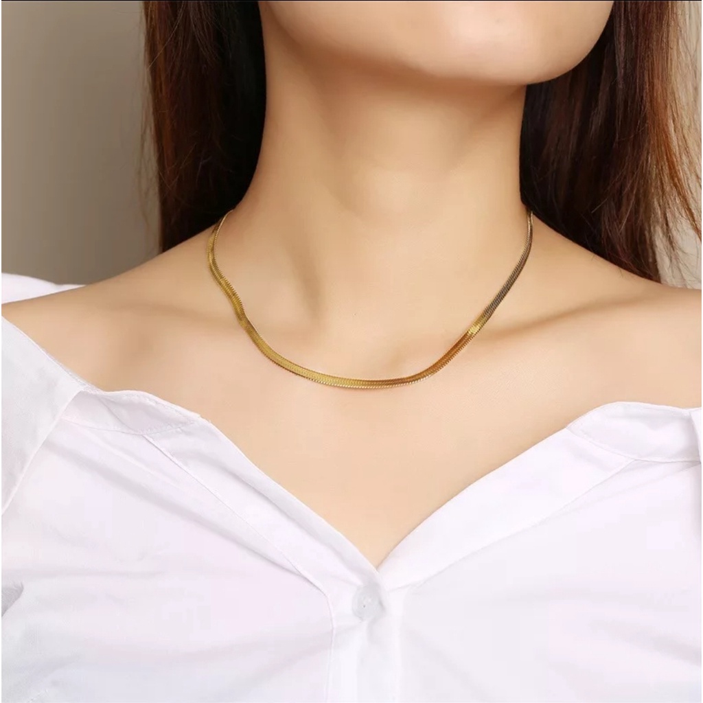 Kalung Titanium Untuk Wanita dan Pria Jenis Rantai Belut Pipih Warna Gold