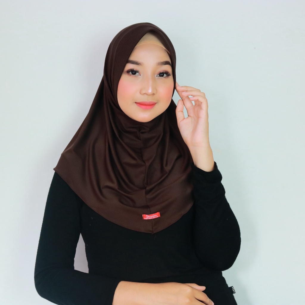 Kerudung Khimar Instan Hijab Sporty pet bahan Jersey Olahraga Volly Basket Futsal By Shamira-dark choco