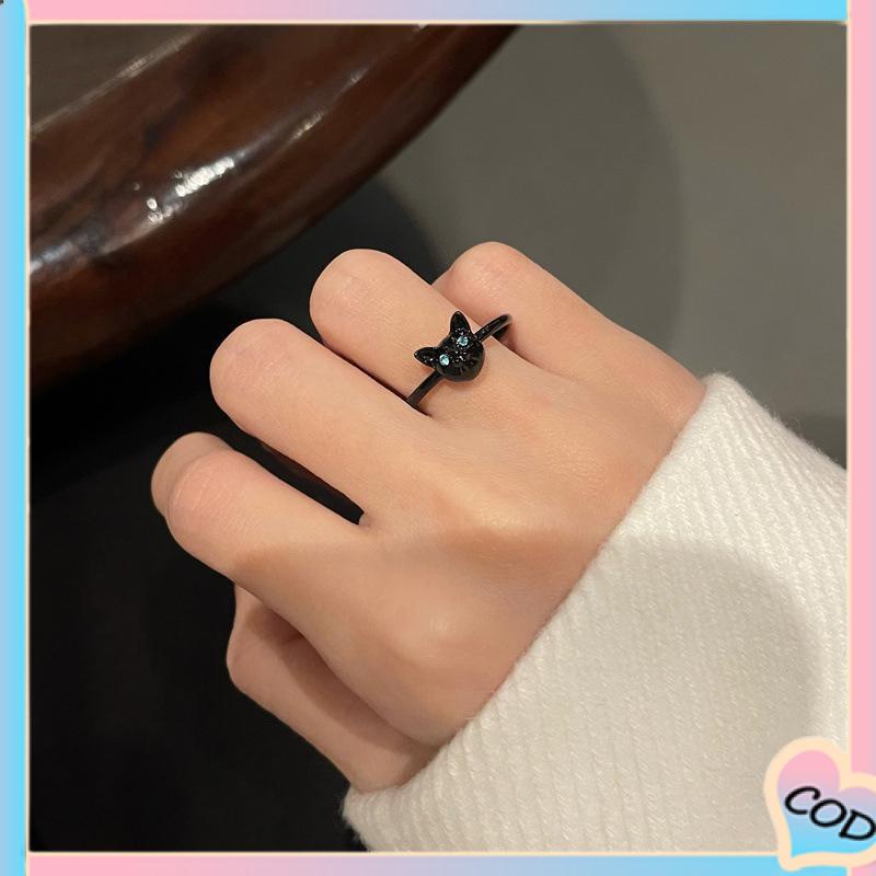 COD❤️ Cincin Kucing Hitam Wanita Trendi Desain Niche Cincin Jari Telunjuk Fashion Kepribadian Cincin-A.one