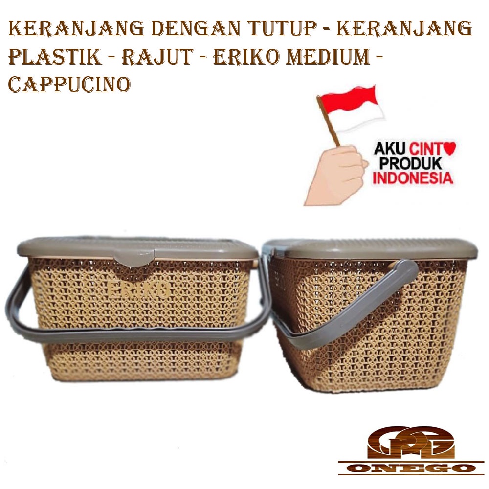 KERANJANG DENGAN TUTUP - ERIKO MEDIUM  - KERANJANG PLASTIK - RAJUT KOTAK - CAPPUCINO - UNIK