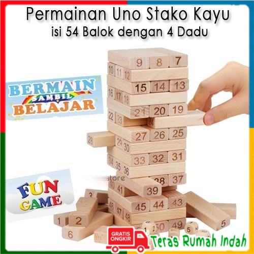 Taffware Permainan Uno Stako Kayu Balok dengan Dadu - Permainan Balok Kayu