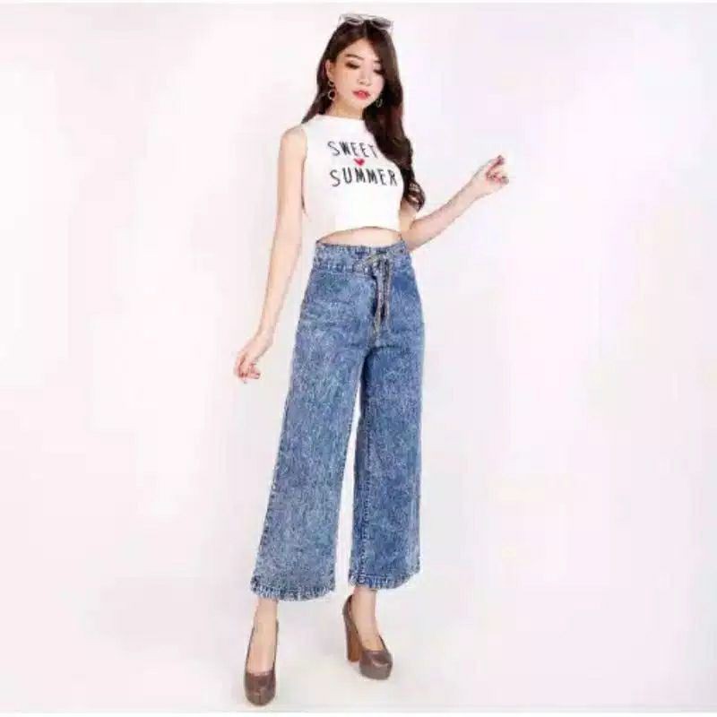 Kulot High waist Boyfriend Jeans Wanita Bahan Tebal