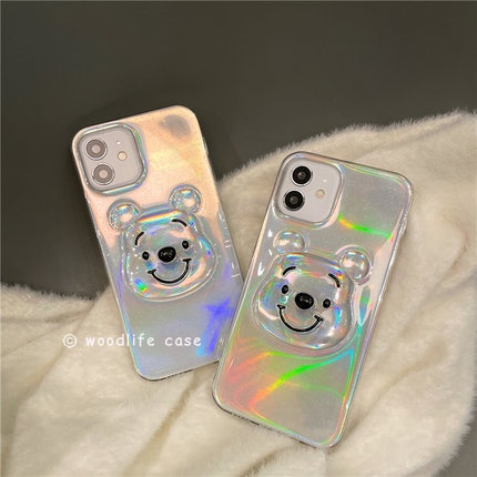 Iphone14 12 13 Pro Max12 Mini Lucu Jernih Bling 3D Bear Head Laser Phone Cover Case IPhone X 11 Pro Xs Max Xr 6 7 8 Plus IPhone SE 2020 Casing Cewek Lembut Mewah