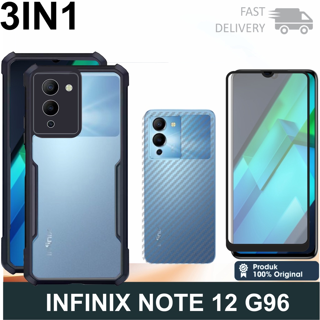 Promo Paket 3 in 1Case Infinix Note 12 G96 (2022) Softcase Shockproof Transparan Free Anti Gores Layar Dan Skin Carbon