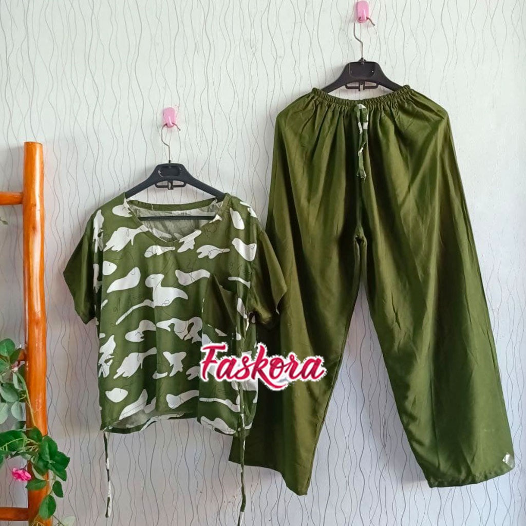 Set Rayon Jumbo Lengan Pendek Piyama Dewasa Wanita Pakaian Tidur Rayon Premium Celana Panjang Army