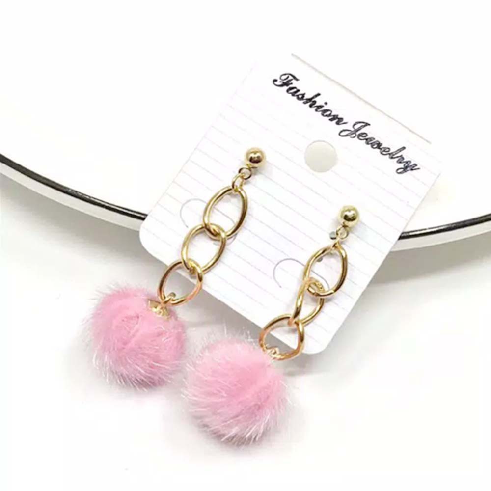 Anting Korea 7 Pompom Bulu 3 Rantai Besar