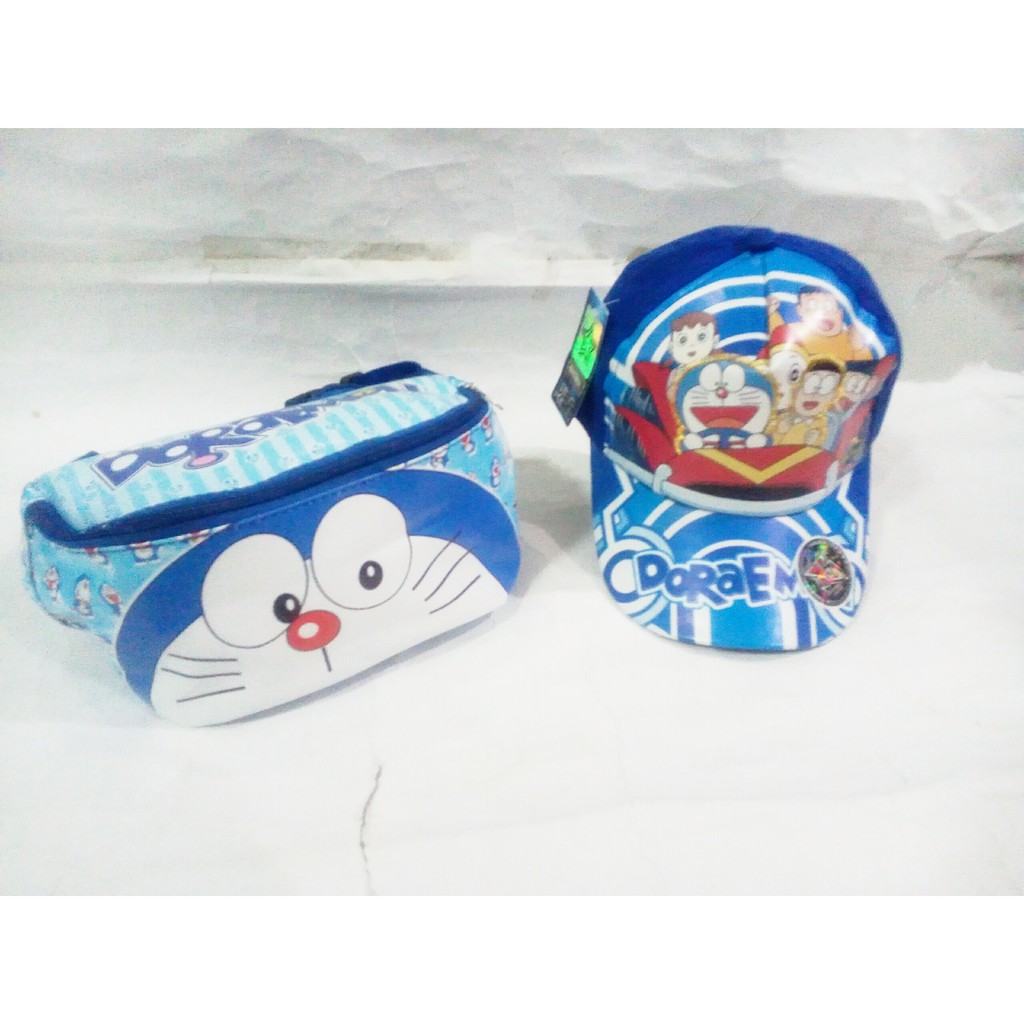Topi Doraemon & Tas anak karakter dipinggang / selempang kecil murah untuk kado atau jalan-jalan