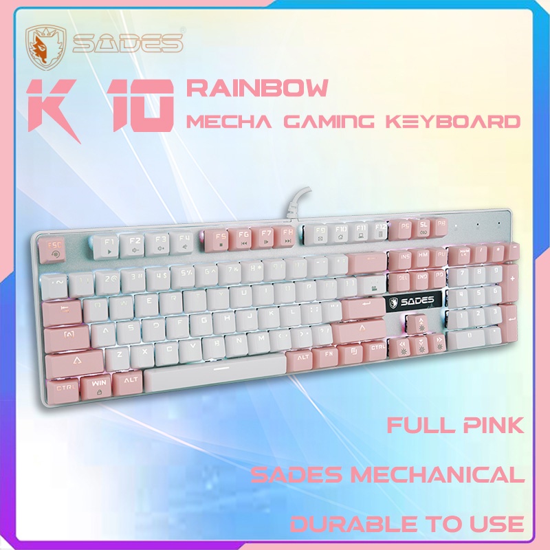 Sades K10 Rainbow Keyboard Gaming Mechanical Mekanikal  Pink White