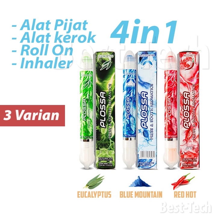 Minyak Angin Aromaterapi Plossa 4in1 Alat Pijat Kerok Roll On Inhaler Aromatherapy 10ml