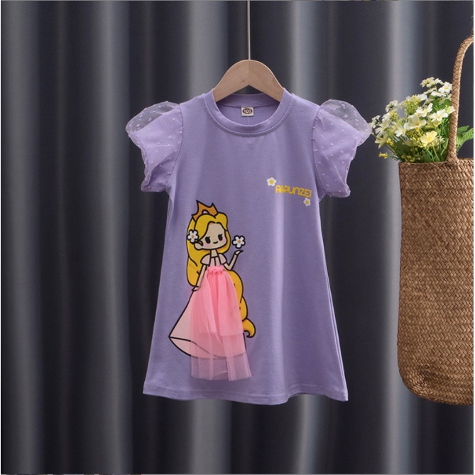 Dress Puff Sleeves anak perempuan Princess Elsa Snow White Mermaid Aurora Model T-shirt/ Dress Kasual