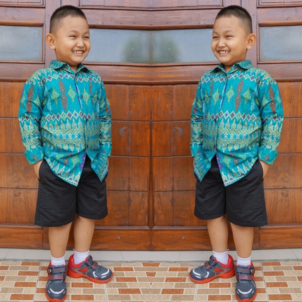 kemeja hem batik anak bahan katun lengan panjang warna tosca BAL10