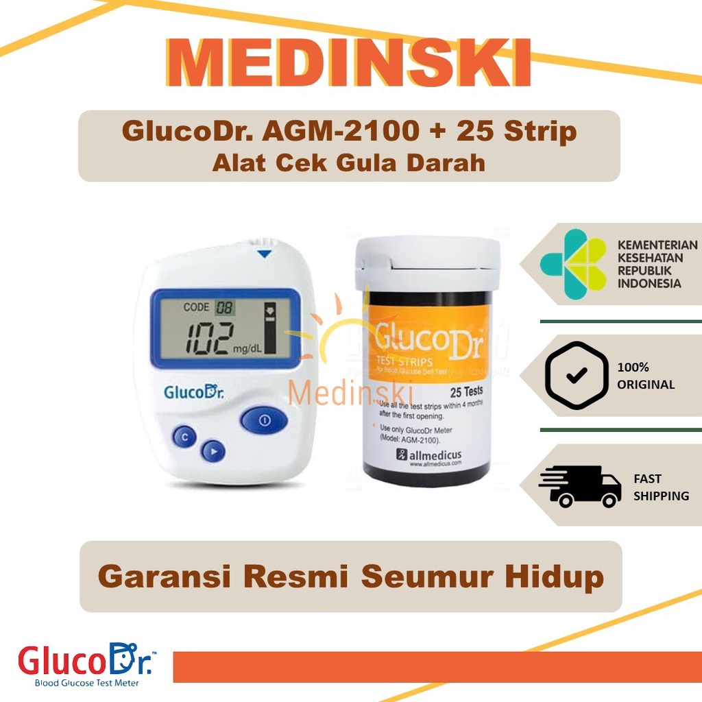 GlucoDr AGM-2100 Alat Cek Tes Gula Darah Termasuk 25 Strip Kode 8 Stik GDS BioSensor Gluco Dr