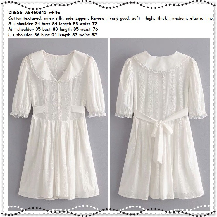 AB460841 White Mini Dress Kemeja Pesta Putih Polos Lengan Pendek Katun Wanita Korea Import