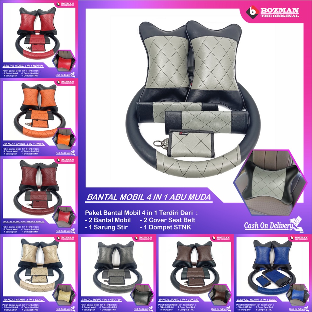 Set Bantal Mobil 4 in 1 Premium Bantal Cover Seatbelt Sarung Stir Dompet STNK