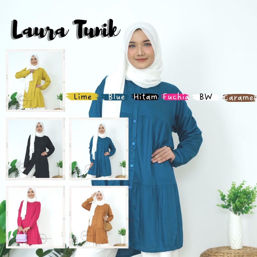 Laura Tunik Baju Atasan Wanita Muslim Busui Jumbo Polos Bahan Rayon Lux Premium Adem Fit to XL Ld 114 - Pakaian Wanita Remaja Full Kancing Depan Terbaru - Tunik Putih Basic Lengan Panjang Terlaris