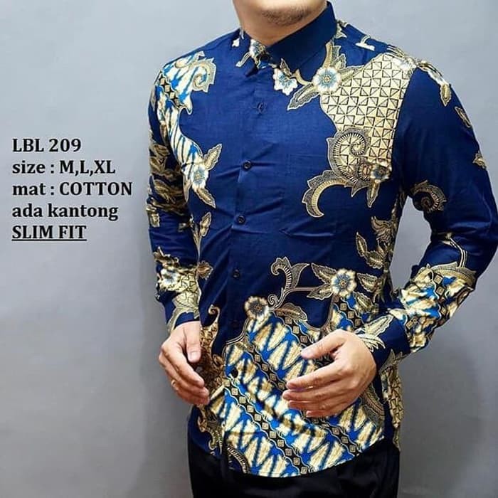 HEM KEMEJA BATIK PRIA SLIM FIT LENGAN PANJANG BEST SELLER NAVY LBL209