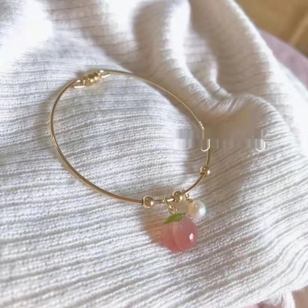 1pc Gelang Bangle Adjustable Dengan Liontin Mutiara Peach Untuk Wanita