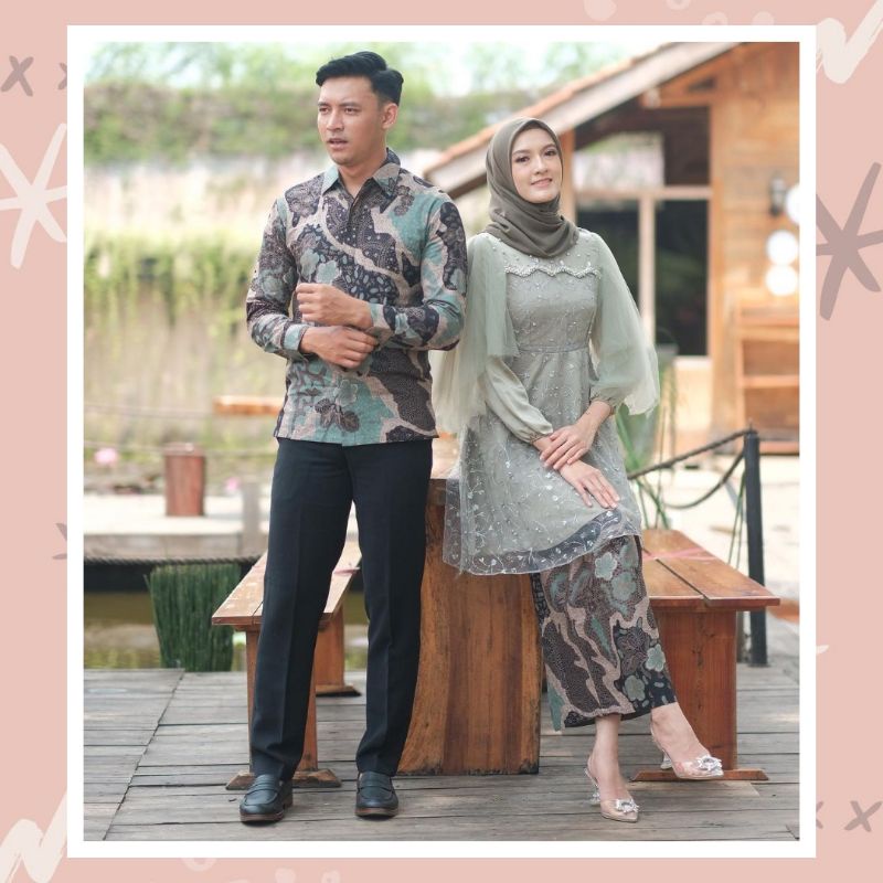 Couple Kebaya Luna Tunik Series Sage Green Latte Baju Batik Pasangan Outfit Wisuda Modern Kekinian Baju Lamaran Tunangan Seserahan Nikahan-2
