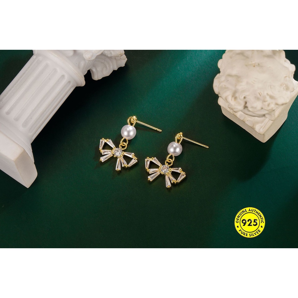 Anting Tusuk Sterling Silver 925 Model Pita Dengan Mutiara Untuk Wanita