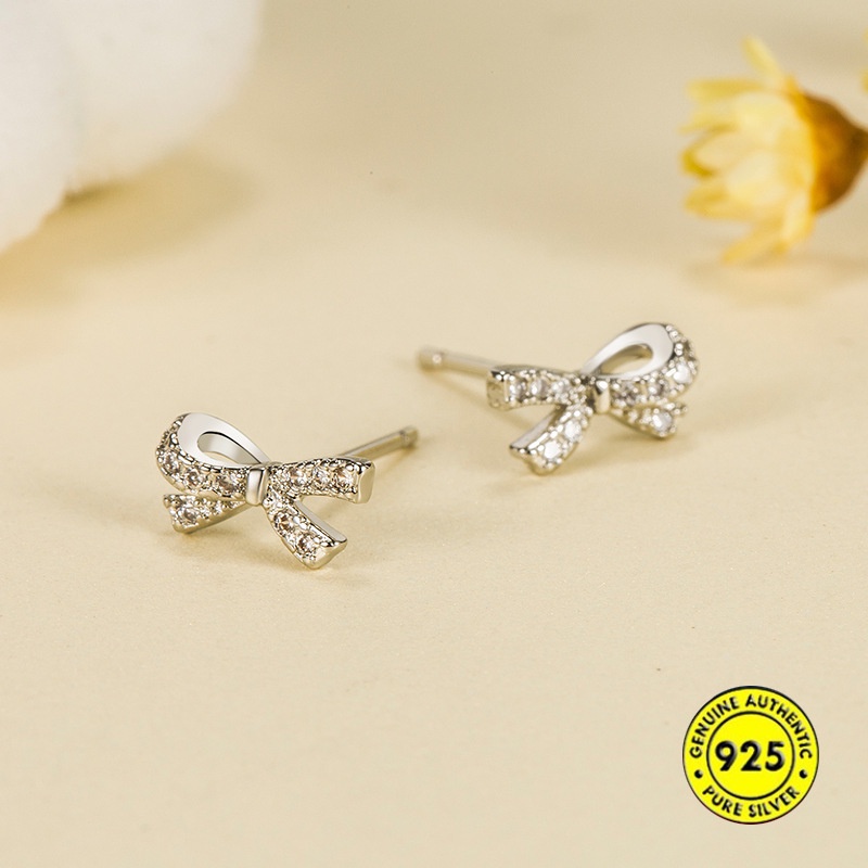 Anting Tusuk Sterling Silver 925 Desain Pita Hias Berlian Imitasi Simple Untuk Wanita