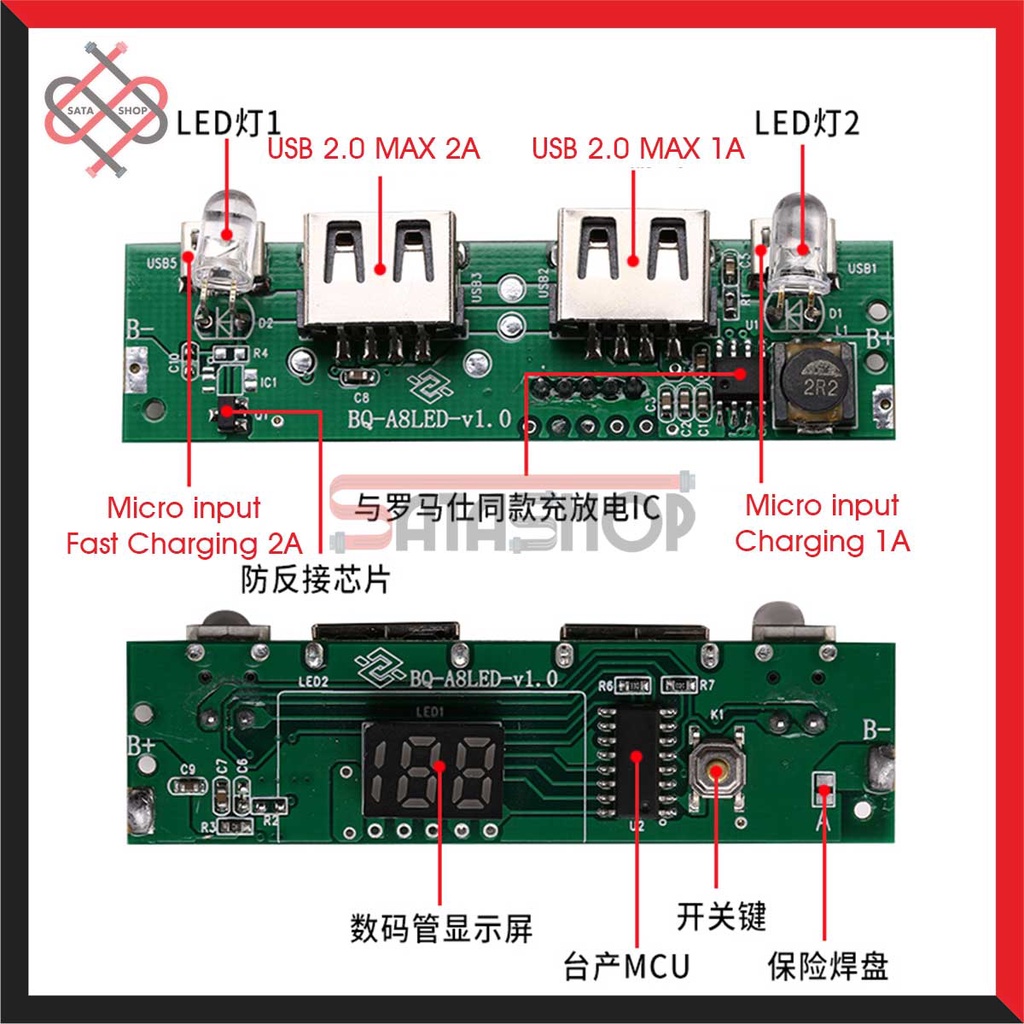 Modul Powerbank A8 spek 5v Dual port USB 1A dan 2A Fast Charging Max detect 20000 mAh
