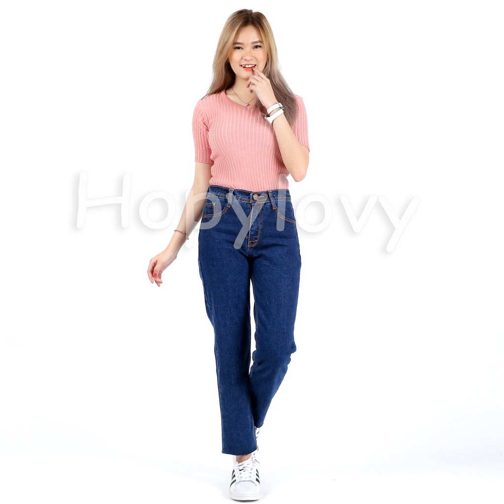 HOPYLOVY - Celana Jeans Boyfriend Wanita Unfinished Gisel