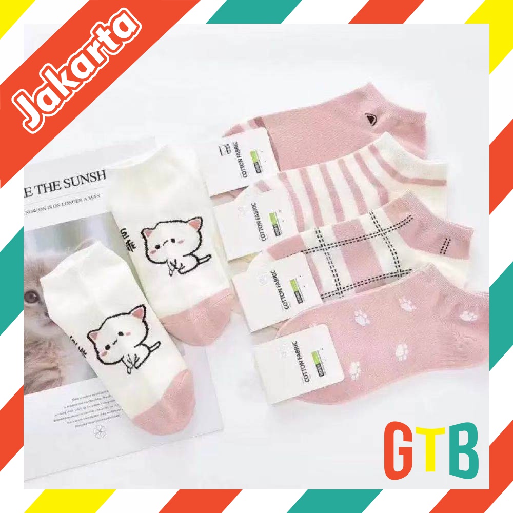 ❤GTB❤  Kaos Kaki Wanita Motif Pink Cat Kucing Meow Fashion Korea Women Sock Import Murah KK012