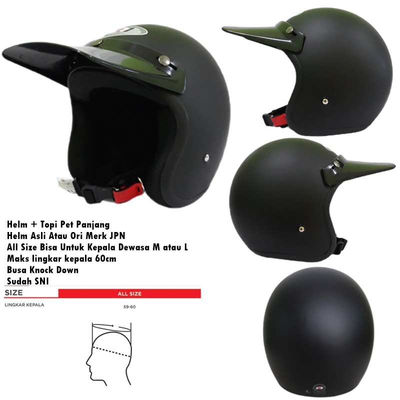 Helm Dewasa Retro Klasik JPN Hitam Doff Polos Solid Topi Pet Panjang Semi Cross SNI